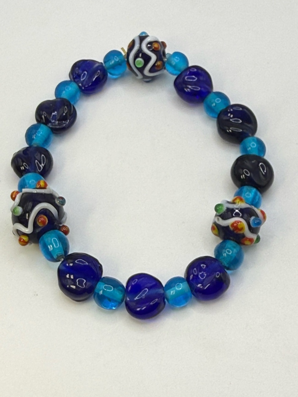 Artisan Lampwork Glass Bead Stretch Bracelet Blue Aqua